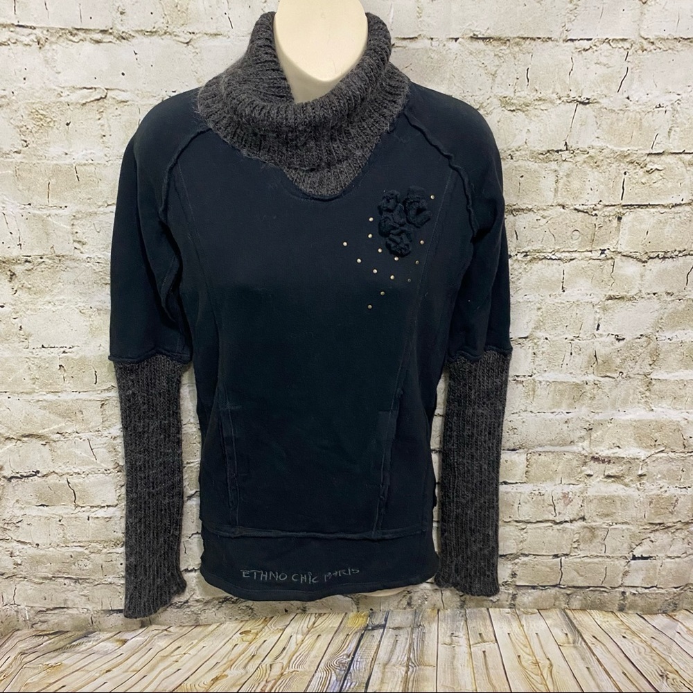 Eliane Et Lena Black Gray Turtleneck Wool Cotton Studded‎ Sweater